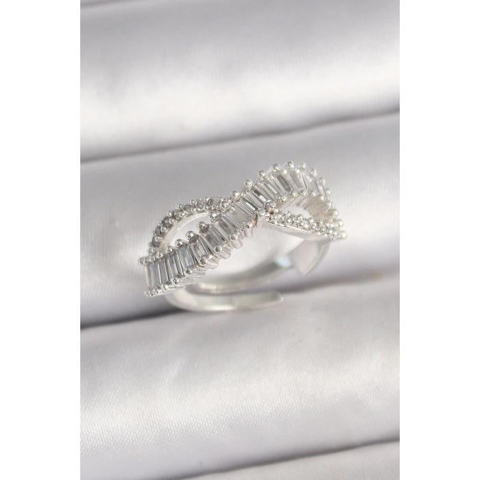 Pirinç Gümüş Renk Su Yolu Zirkon Taşlı Sonsuzluk Model Ayarlanabilir Kadın Yüzük