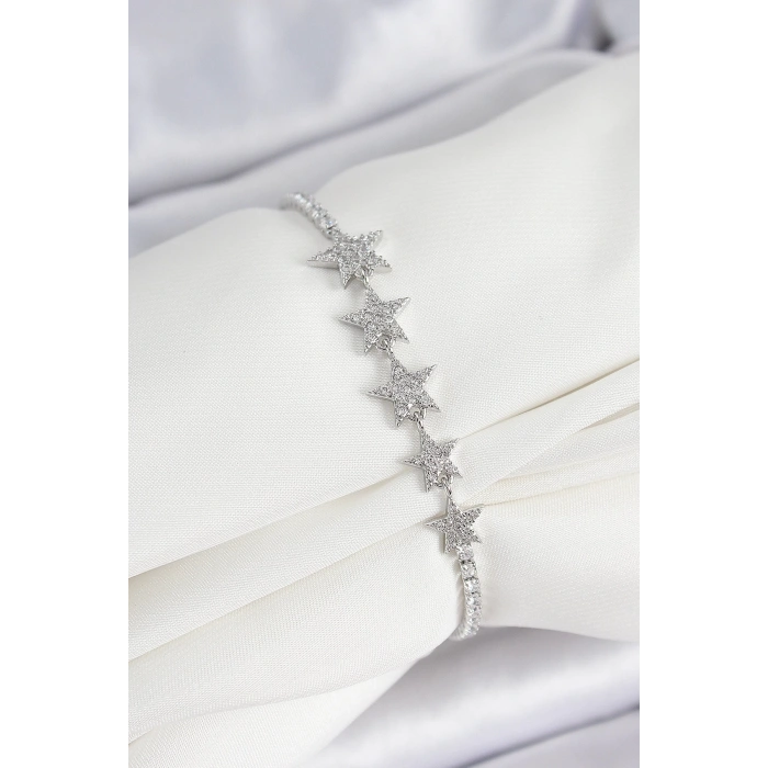 Pirinç Gümüş Renk Yıldız Model Kadın Bileklik