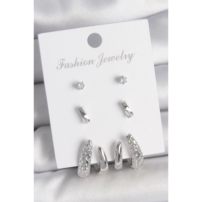 Pirinç Gümüş Renk Zirkon Taş Detaylı İşlemeli Motif Model 3 Çift Kadın Küpe Seti