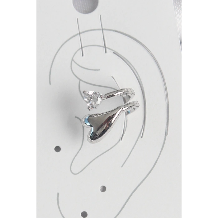 Pirinç Gümüş Renk Zirkon Taş Detaylı Kalp Model Kadın Kıkırdak Küpe