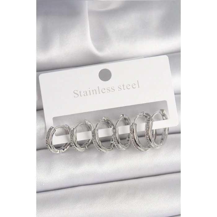 Pirinç Gümüş Renk Zirkon Taşlı 3 Çift Halka Model Kadın Küpe