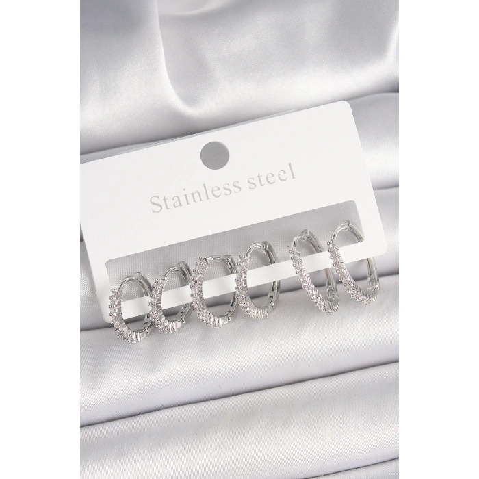 Pirinç Gümüş Renk Zirkon Taşlı 3 Çift Halka Model Kadın Küpe