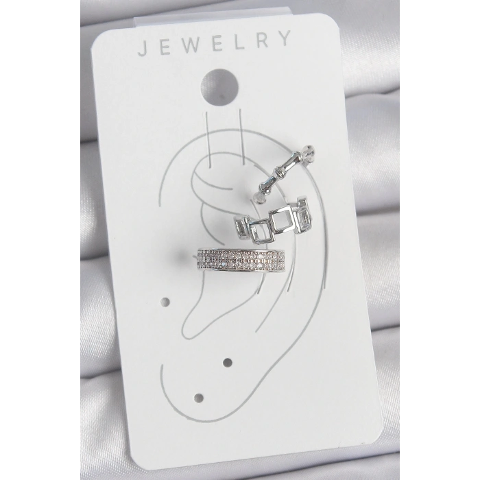 Pirinç Gümüş Renk Zirkon Taşlı 3Lü Model Kare Bambu Model Kadın Kıkırdak Küpe