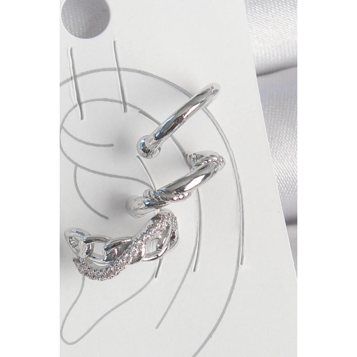 Pirinç Gümüş Renk Zirkon Taşlı 3Lü Model Sonsuzluk Zincir Model Kıkırdak Küpe