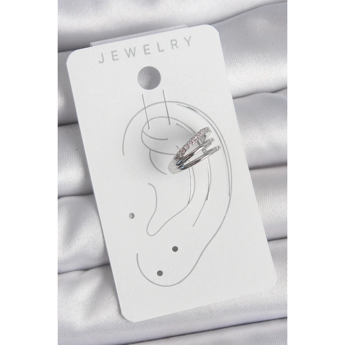 Pirinç Gümüş Renk Zirkon Taşlı 3Lü Sıralı Model Kadın Kıkırdak Küpe