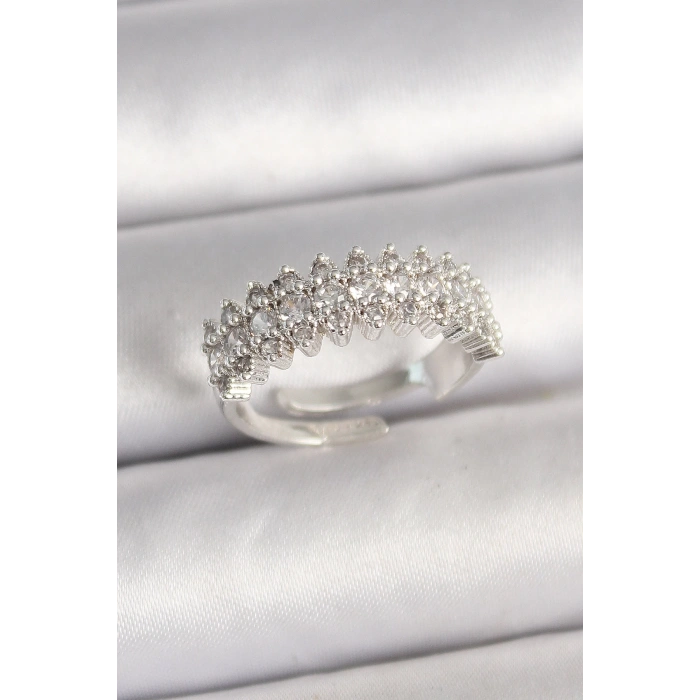 Pirinç Gümüş Renk Zirkon Taşlı Ayarlanabilir Kadın Yüzük