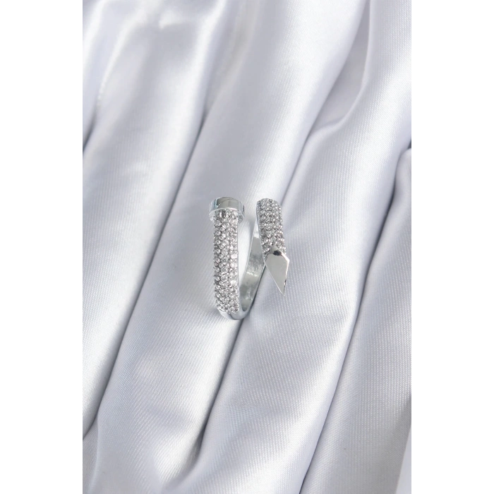 Pirinç Gümüş Renk Zirkon Taşlı Çivi Model Kadın Yüzük