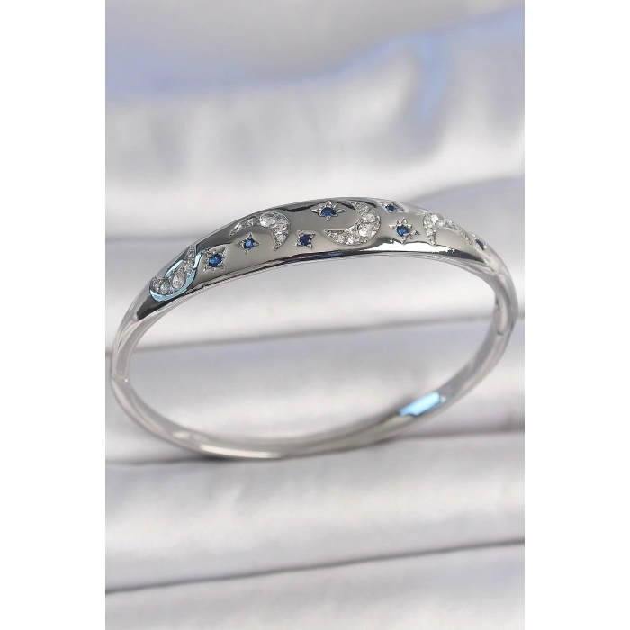 Pirinç Gümüş Renk Zirkon Taşlı Hilal İşlemeli Mavi Taşlı Yıldız Detay Kadın Kelepçe