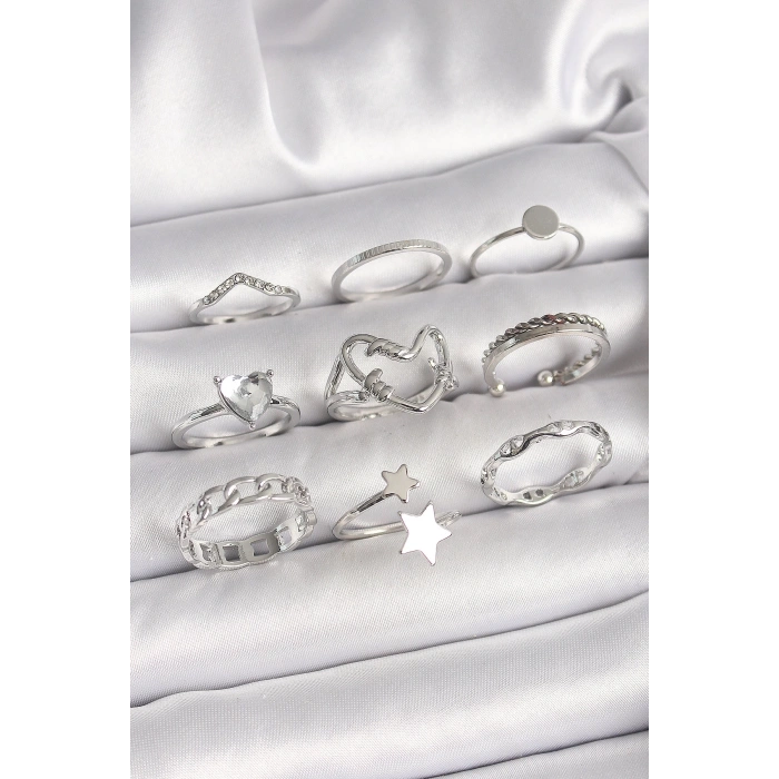 Pirinç Gümüş Renk Zirkon Taşlı Kalp Figür Yıldız Detay Kadın Yüzük Kombini