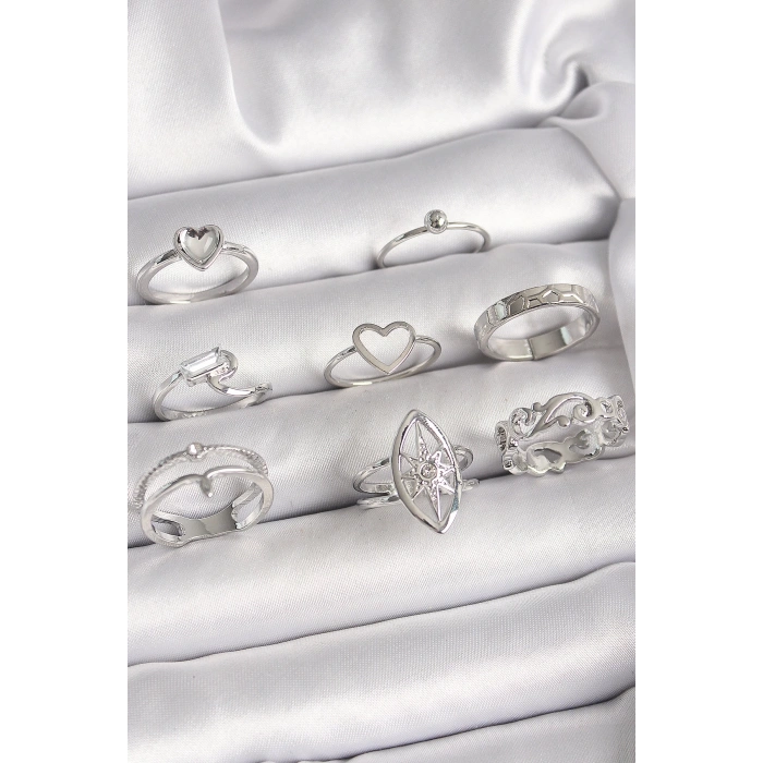 Pirinç Gümüş Renk Zirkon Taşlı Kalp Kutup Yıldız Figür Kadın Yüzük Kombini
