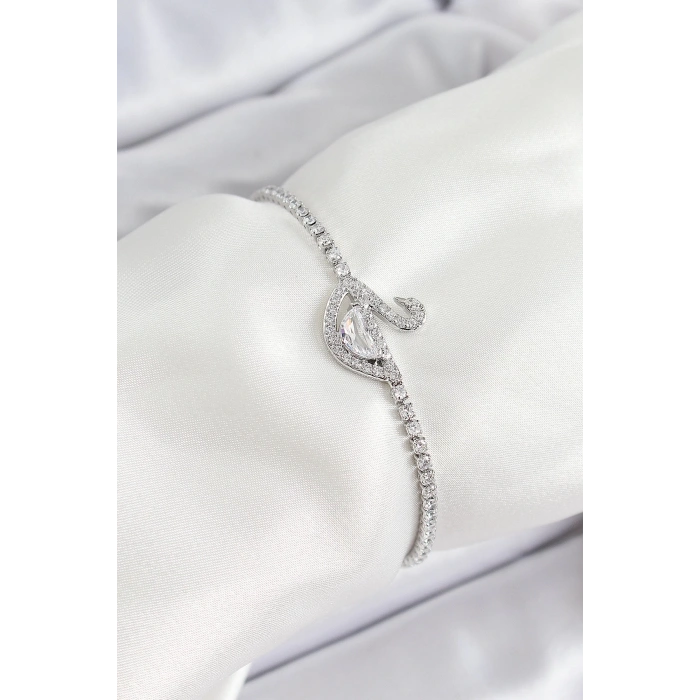 Pirinç Gümüş Renk Zirkon Taşlı Kuğu Model Kadın Bileklik