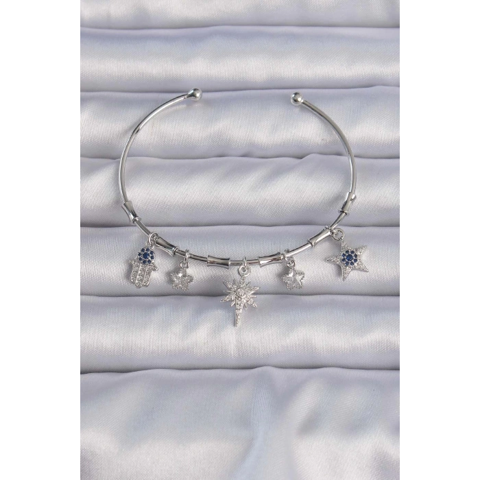 Pirinç Gümüş Renk Zirkon Taşlı Kutup Yıldızı Figürlü Charm Bileklik