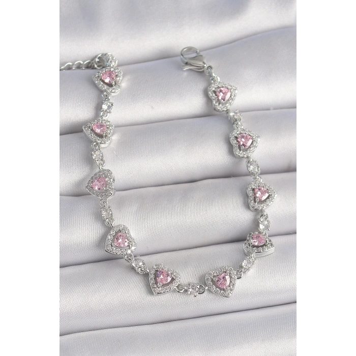 Pirinç Gümüş Renk Zirkon Taşlı Pembe Kalp Model VIP Seri Kadın Bileklik