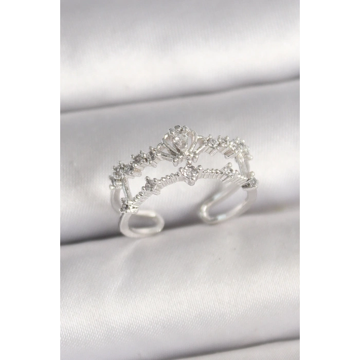 Pirinç Gümüş Renk Zirkon Taşlı Taç Model Ayarlanabilir Kadın Yüzük