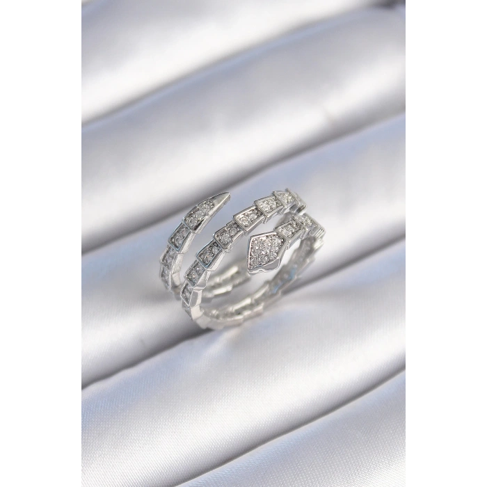 Pirinç Gümüş Renk Zirkon Taşlı Yılan Model Kadın Yüzük