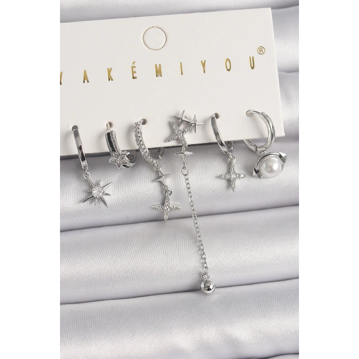 Pirinç Gümüş Renk Zirkon Taşlı Yıldız Figür VIP Seri Kadın Küpe Kombini