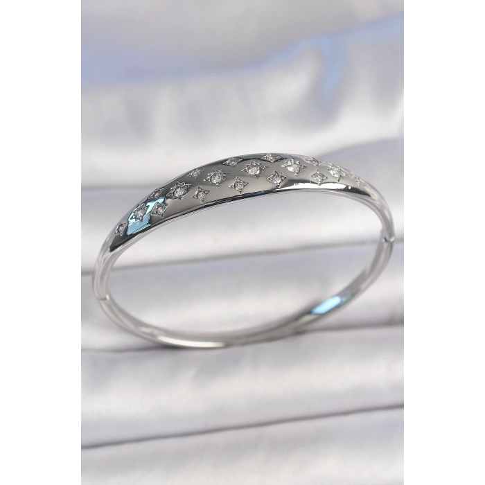 Pirinç Gümüş Renk Zirkon Taşlı Yıldız İşlemeli Kadın Kelepçe