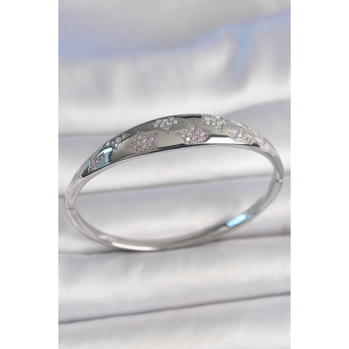 Pirinç Gümüş Renk Zirkon Taşlı Yıldız İşlemeli Kadın Kelepçe