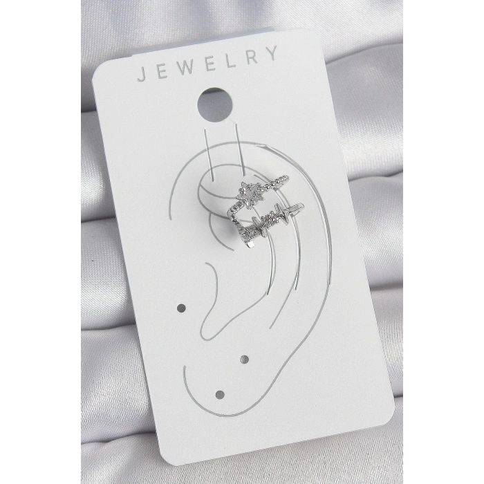 Pirinç Gümüş Renk Zirkon Taşlı Yıldız Model Kadın Kıkırdak Küpe