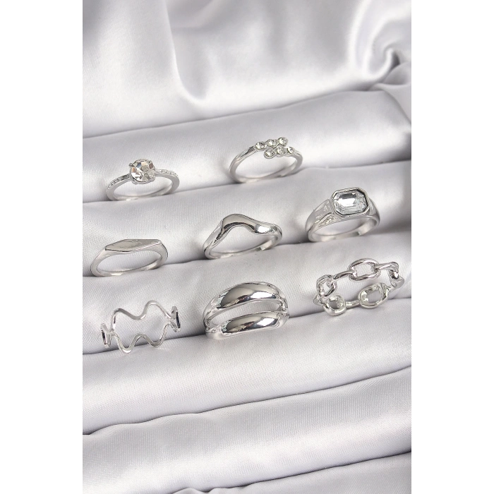 Pirinç Gümüş Renk Zirkon Taşlı Zincir Model Detay Kadın Yüzük Kombini