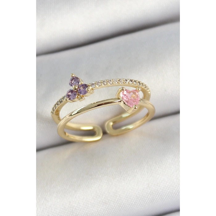 Pirinç Kalp Ve Çiçek Figürlü Zirkon Taşlı Gold Renk Ayarlanabilir Kadın Yüzük