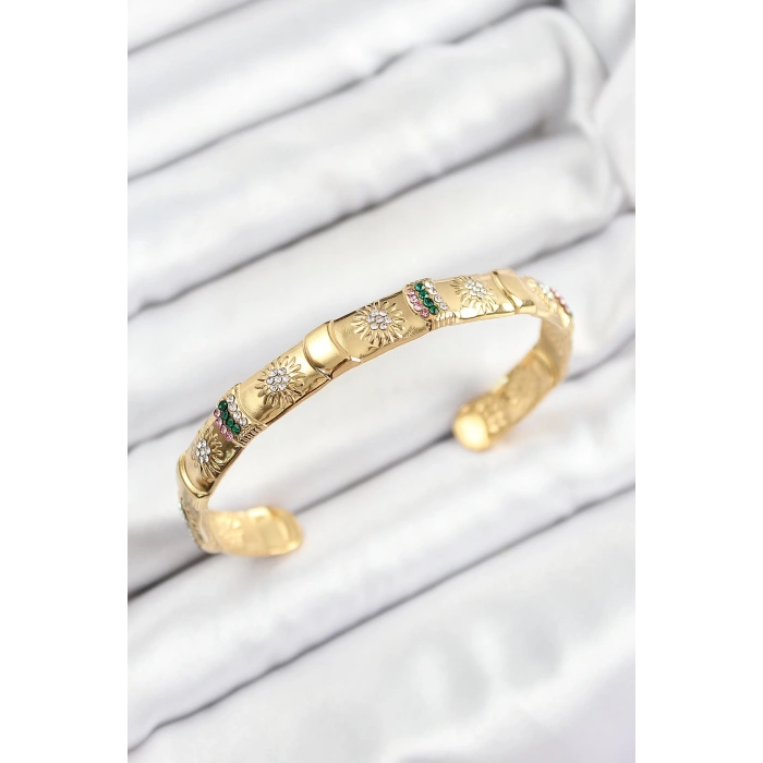 Pirinç Karışık Zirkon Taşlı Çiçek Model Gold Renk Altı Açık Kadın Bileklik
