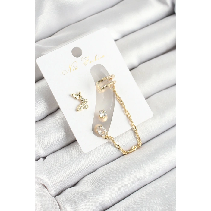 Pirinç Kelebek Figürlü Zirkon Taşlı Gold Renk 3lü Kıkırdak Kadın Küpe Set
