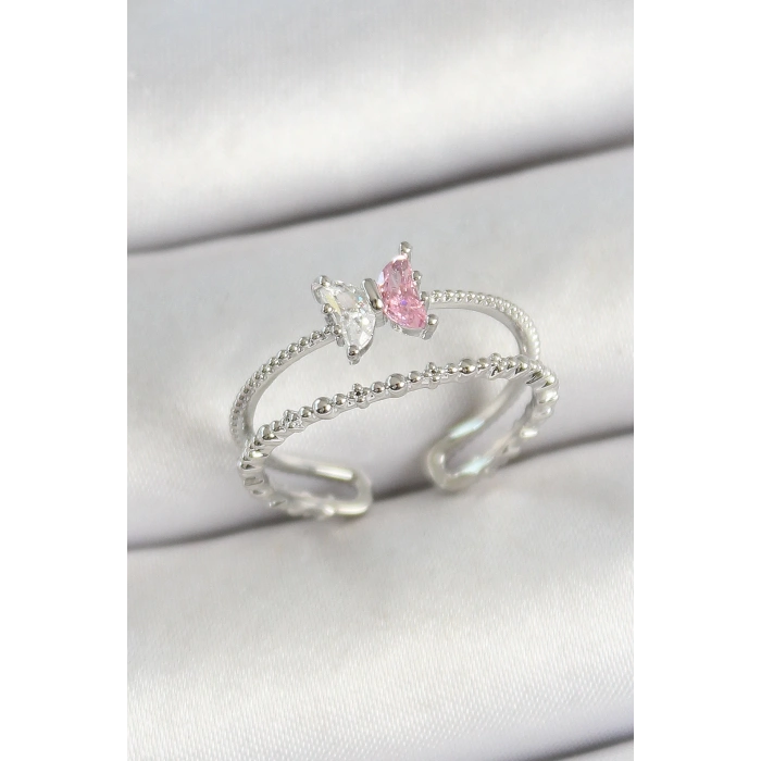 Pirinç Kelebek Figürlü Zirkon Taşlı Gümüş Renk Ayarlanabilir Kadın Yüzük