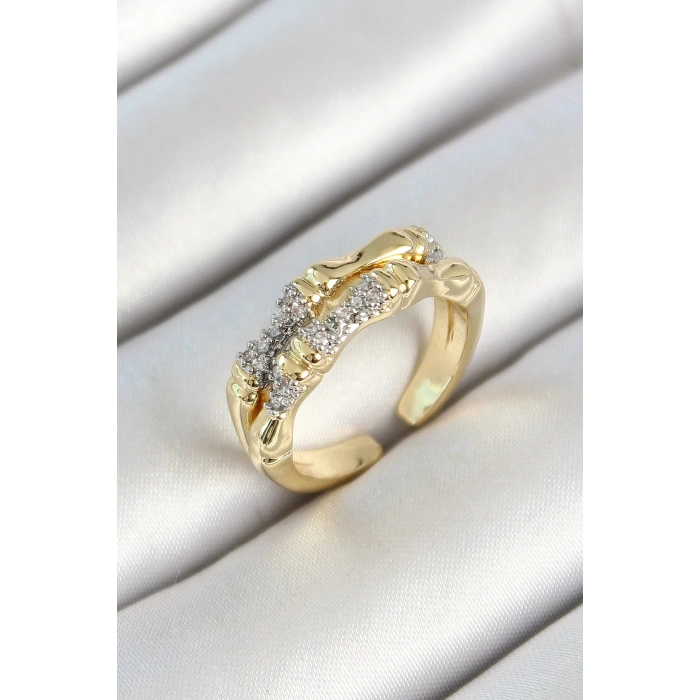 Pirinç Kemik Figürlü Zirkon Taşlı Gold Renk Ayarlanabilir Kadın Yüzük