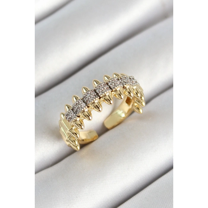 Pirinç Kurşun Figürlü Zirkon Taşlı Gold Renk Ayarlanabilir Kadın Yüzük