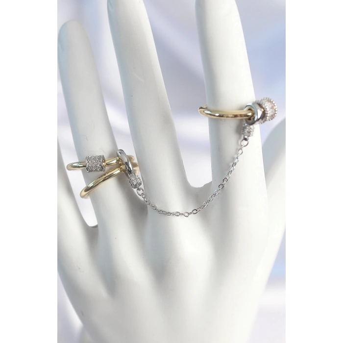 Pirinç Mix Renk Zirkon Taşlı Zincir Kadın Yüzük Seti