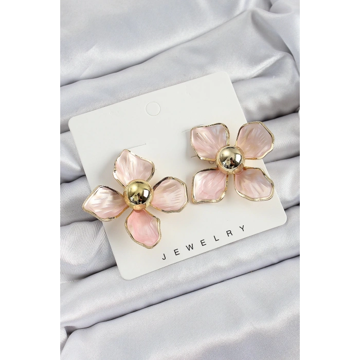 Pirinç Pembe Çiçek Vintage Model Gold Renk Kadın Küpe