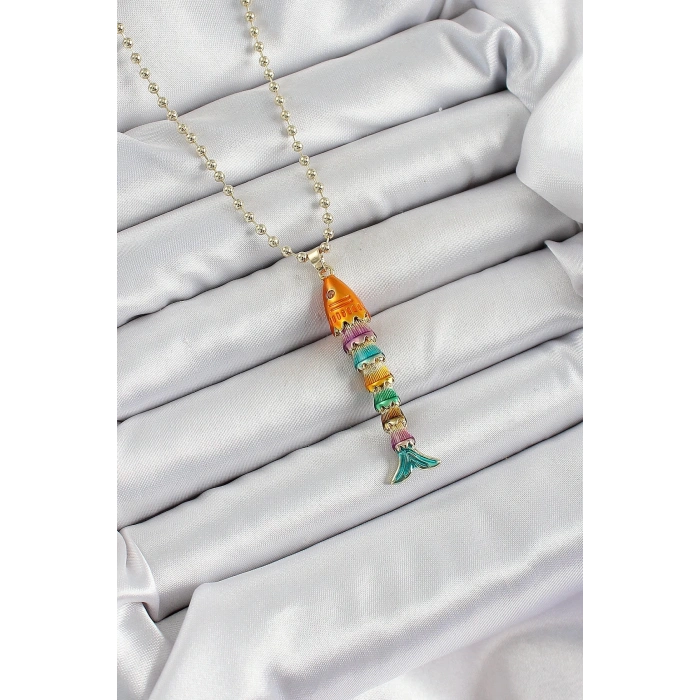Pirinç Rainbow Balık Model Zirkon Taşlı Gold Renk Kadın Kolye