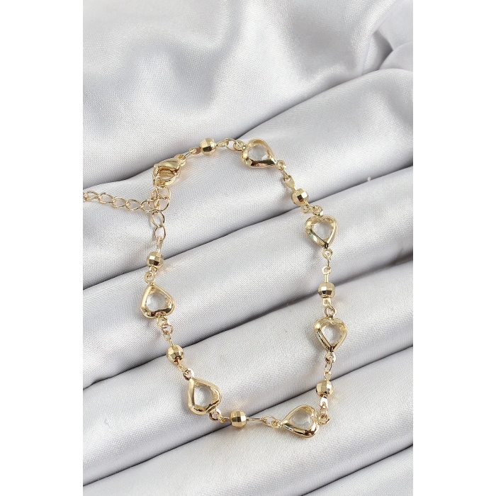 Pirinç Şeffaf Kalp Model Gold Renk Zirkon Taşlı Kadın Bileklik