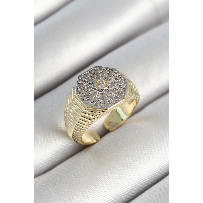 Pirinç Sekizgen Figür Zirkon Taşlı Gold Renk Ayarlanabilir Kadın Yüzük