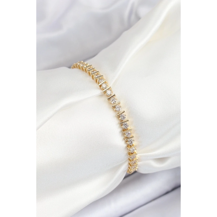 Pirinç Sıralı Çit Model Zirkon Taşlı Gold Renk VİP Seri Kadın Bileklik