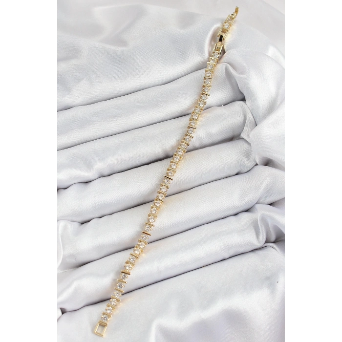 Pirinç Sıralı Çit Model Zirkon Taşlı Gold Renk VİP Seri Kadın Bileklik