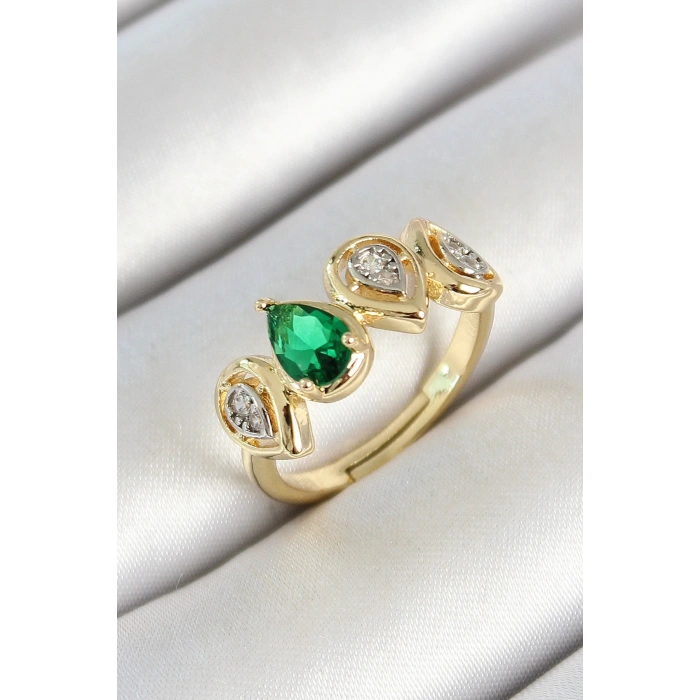 Pirinç Sıralı Damla Figürlü Zirkon Taşlı Gold Renk Ayarlanabilir Kadın Yüzük