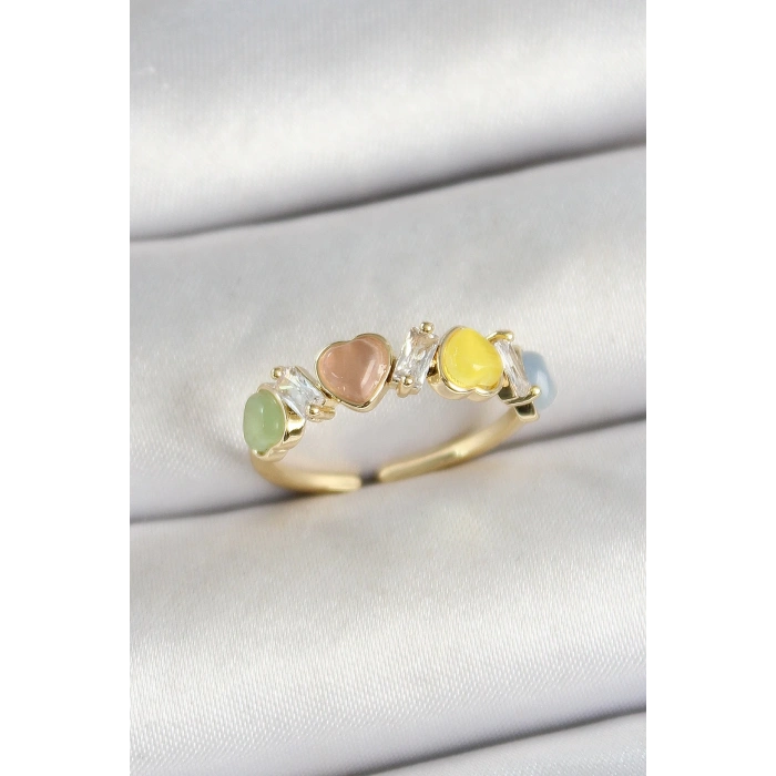 Pirinç Sıralı Kalp Figürlü Zirkon Taşlı Gold Renk Ayarlanabilir Kadın Yüzük