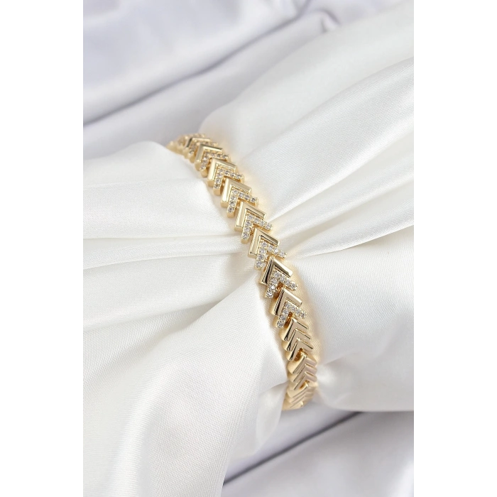 Pirinç Sıralı Ok Model Zirkon Taşlı Gold Renk VİP Seri Kadın Bileklik