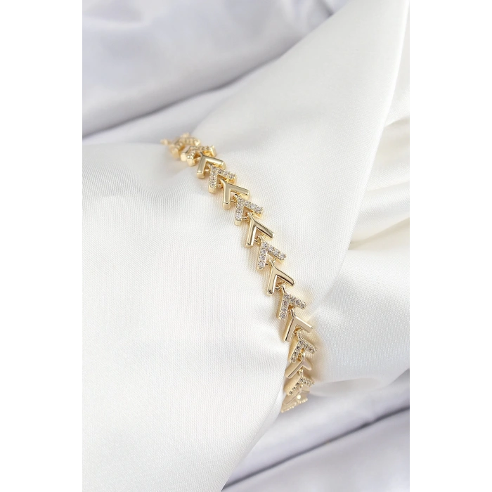 Pirinç Sıralı Ok Model Zirkon Taşlı Gold Renk VİP Seri Kadın Bileklik