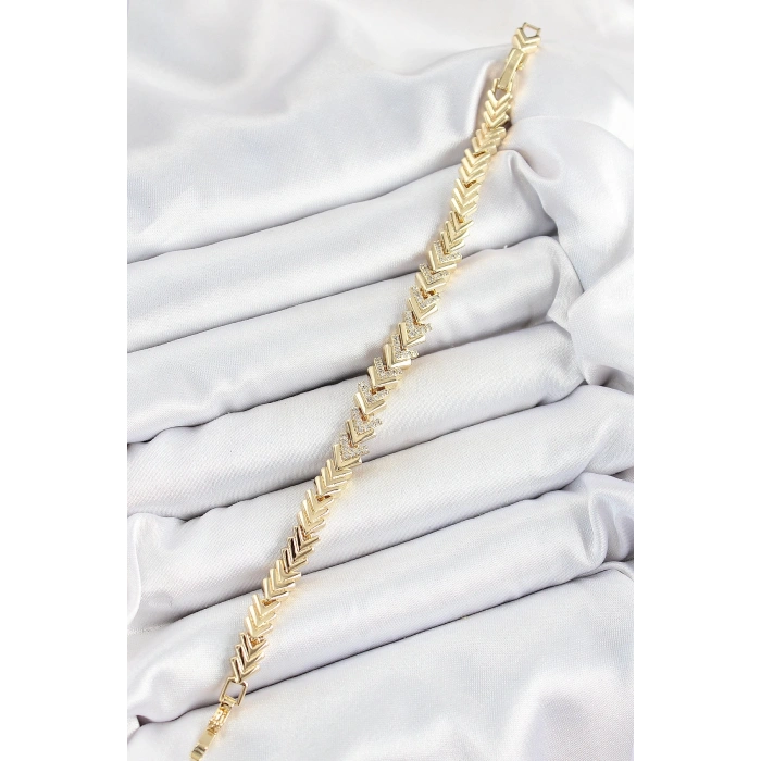 Pirinç Sıralı Ok Model Zirkon Taşlı Gold Renk VİP Seri Kadın Bileklik