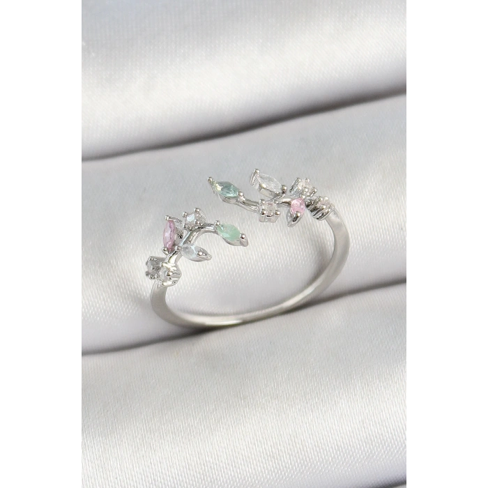 Pirinç Yaprak Figürlü Zirkon Taşlı Gümüş Renk Ayarlanabilir Kadın Yüzük