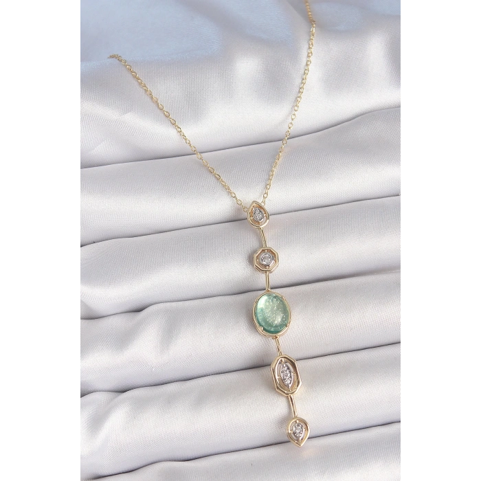 Pirinç Zincir Su Yeşili Gold Renk Zirkon Taşlı Y Kolye
