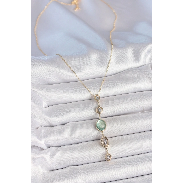 Pirinç Zincir Su Yeşili Gold Renk Zirkon Taşlı Y Kolye
