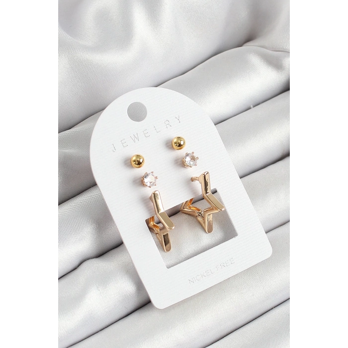 Pirinç Zirkon Taş Ve Yıldız Figürlü Gold Renk 3lü Çift Kadın Küpe Set