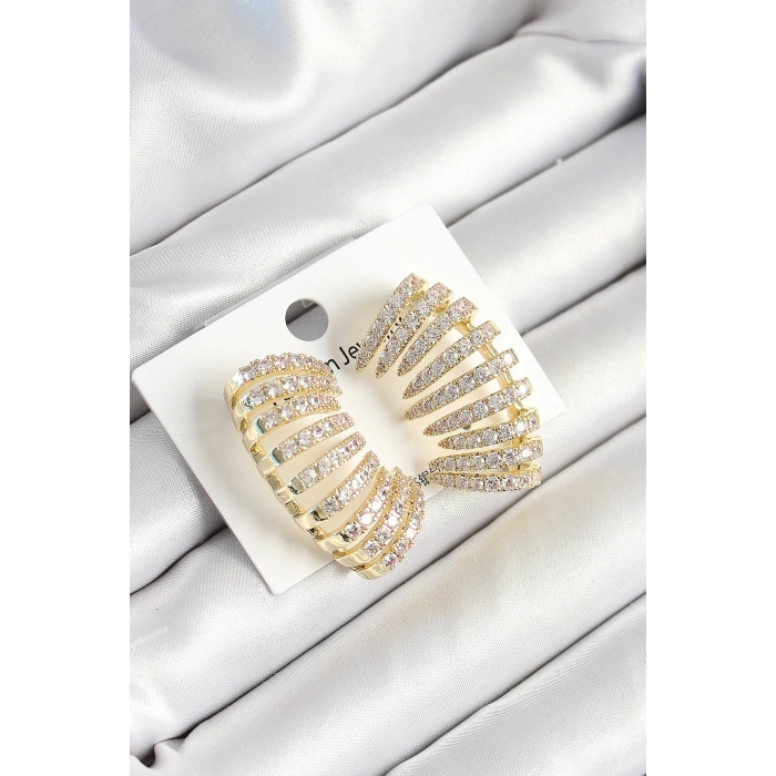 Pirinç Zirkon Taşlı Çoklu Görünümlü Model Gold Renk Kadın Küpe