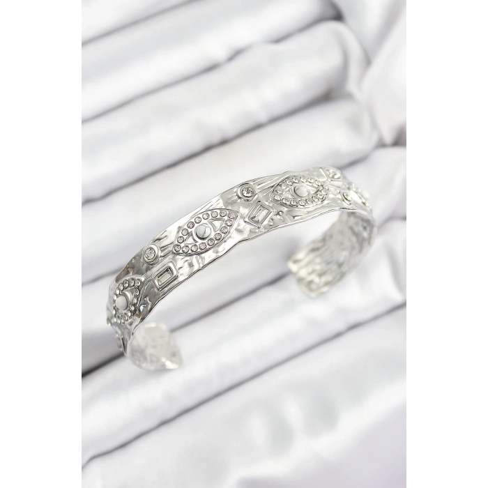 Pirinç Zirkon Taşlı Göz Model Gümüş Renk Altı Açık Kadın Bileklik