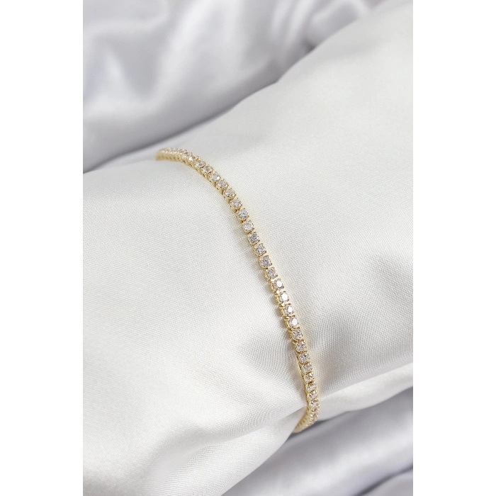 Pirinç Zirkon Taşlı İnce Su Yolu Model Gold Renk Kadın Bileklik