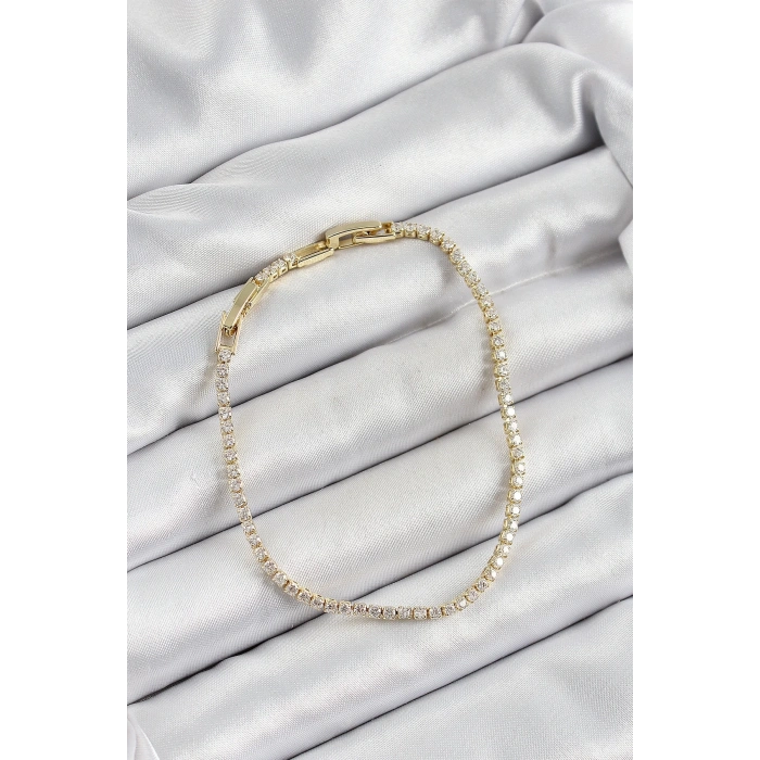 Pirinç Zirkon Taşlı İnce Su Yolu Model Gold Renk Kadın Bileklik
